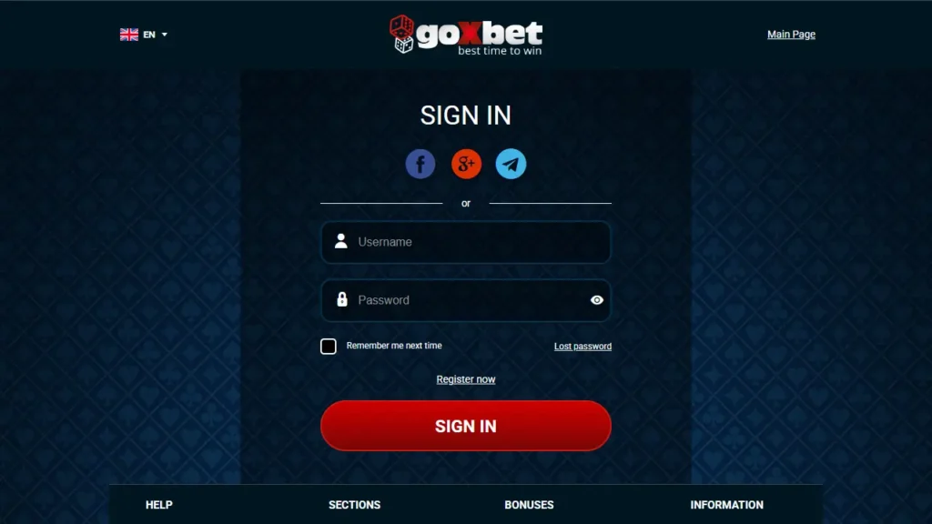 Вхід в казино Goxbet